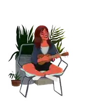 a girl is sitting in a chair playing a guitar