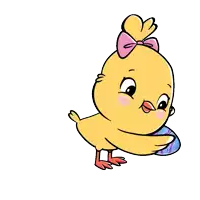 a cartoon chick with a pink bow is holding a blue easter egg