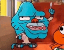 gumball from the amazing world of gumball is holding a spoon in his mouth .