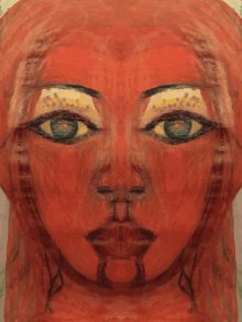 a painting of a woman 's face with green eyes and red hair