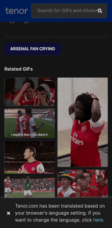 an arsenal fan crying gif is displayed on a screen