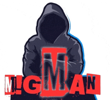 a graphic of a person with a hood and the word mgm in red