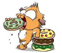 a cartoon of a cat eating a donut next to a stack of donuts