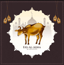 a greeting card for eid-al-adha mubarak with a goat and a mosque in the background