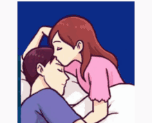 a woman is kissing a man on the forehead in a bed