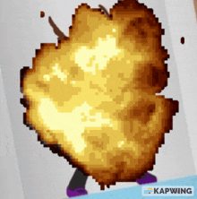 a pixel art of a person standing in front of a huge explosion with kapwing written on the bottom