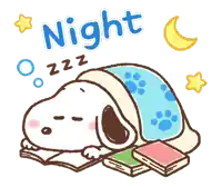 a cartoon of snoopy sleeping under a blanket with the words night zzz above him