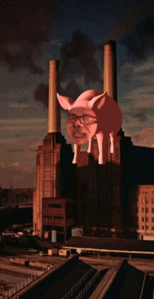 a picture of a pig with glasses standing in front of a power plant