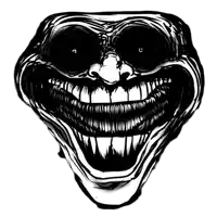 a black and white drawing of a troll face with a large smile