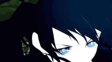 a close up of a person 's face with blue eyes and black hair