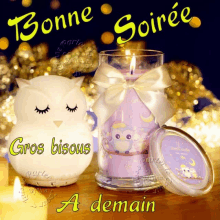 a picture of an owl and a candle with the words gros bisous a demain