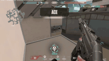 a person holding a gun in a video game with the word ace visible