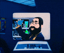 a cartoon of a man with a beard and glasses is holding a clock in front of a vending machine