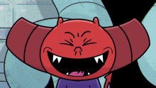 a red cartoon character is laughing with his mouth wide open