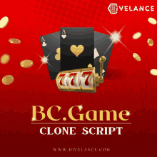 an advertisement for bc.game clone script shows a slot machine and playing cards