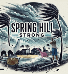 a poster for spring hill strong features a man standing in front of a hurricane