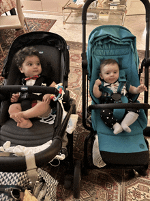 two babies sitting in a chicco stroller next to a stroller