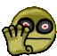 a cartoon smiley face with a hand covering one eye and a red eye .