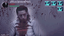 a man with blood on his shirt is playing a video game called machinegirl