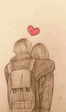 a pencil drawing of a man and a woman hugging each other with a heart flying over them .