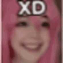 a close up of a woman 's face with pink hair and the word xd on her head .