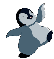 a cartoon drawing of a penguin with its wing up