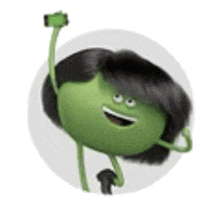 a green cartoon character with black hair is taking a picture of himself .