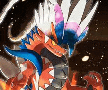 a close up of a cartoon dragon with feathers on its head and tail .