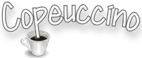 a cup of coffee sits in front of the word copuccino