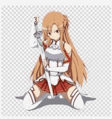 a girl is kneeling down holding a sword in her hand .