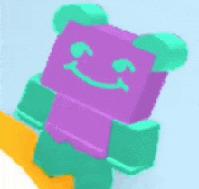 a purple and teal gummy bear with a smiley face on it .