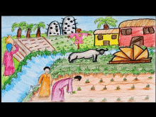 a child 's drawing of people working in a field with a scarecrow in the background