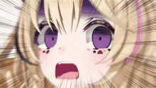 a close up of a anime girl with purple eyes and a surprised look on her face