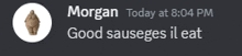 a message from morgan today at 8:04 pm says good sausages ill eat