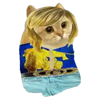 a cat with blonde hair is wearing a blue shirt and shorts