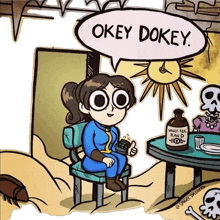 a cartoon of a girl sitting at a table with a bottle of vault tec plan d on it