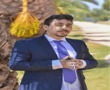 a man in a blue suit and purple tie stands in front of a palm tree