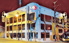 a painting of a building that says tcc on the side