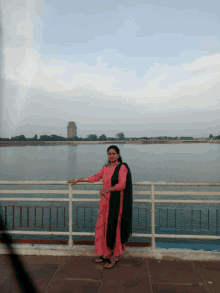 a woman in a pink dress stands in front of a large body of water