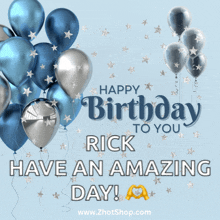 a birthday card for rick with balloons and stars