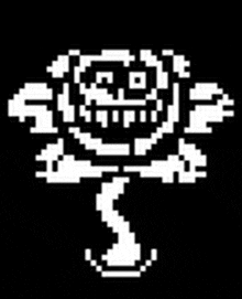 a black and white pixel art of a flower with a face .