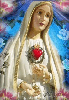 a painting of the virgin mary holding a rosary with a heart in her hands .