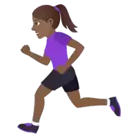 a girl in a purple shirt and black shorts is running on a white background