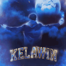 a man with his arms outstretched stands in front of a globe with the name kelwin on it