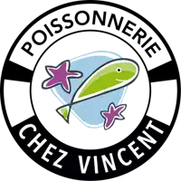 a logo for poissonnerie chez vincent with a green fish and two purple stars