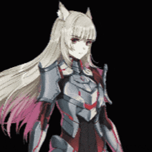 a girl with long blonde hair is wearing armor and has a cat ear