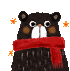 a black bear is wearing a red scarf and a hat .