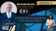 a man and a woman are standing next to each other in front of a sign that says " actively communicating with richard blank "