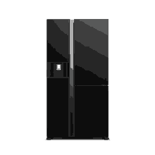 a black refrigerator freezer with a water dispenser on the side .