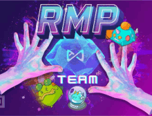 a purple background with a rmp team logo